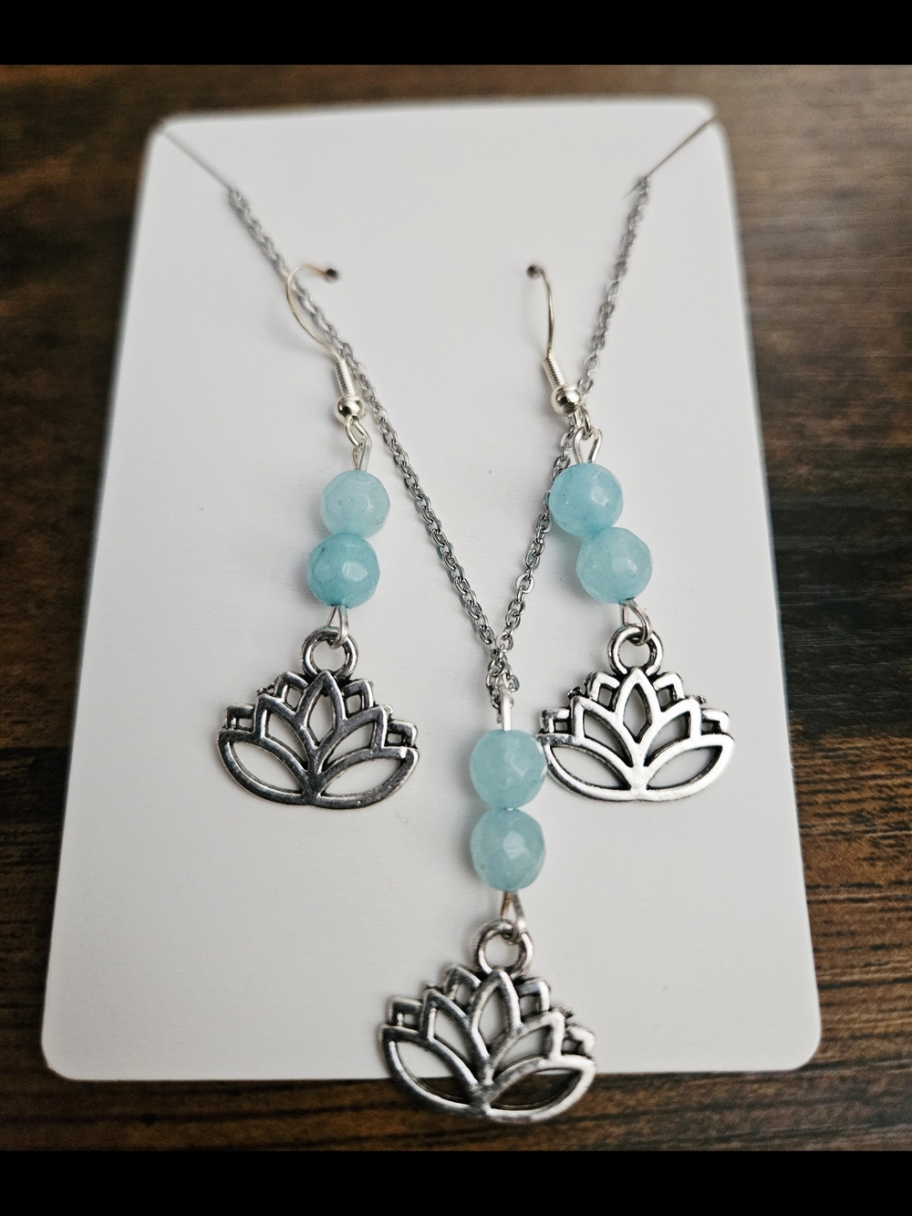 Silver Lotus Pendant Necklace and Earrings Set in Light Blue